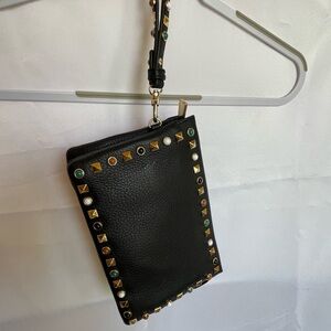Vince Camuto Studded Leather Crossbody Wristlet Clutch | Black Pebbled Leather